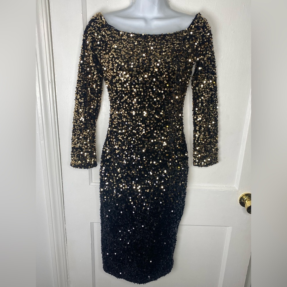 Baltic Born NWT Eclipse Black and Gold Sequin Long-Sleeve Sheath Midi Dress